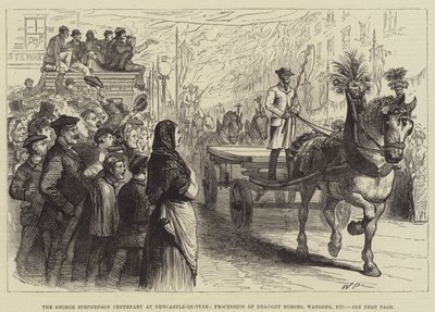 George Stephenson centenáriumi évfordulója Newcastle-on-Tyne-ben, igáslovak, kocsik, stb. alkotó: Walter Paget