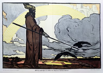 Odin a két varjúval, Huginnal (gondolat) és Muninnal (emlékezet). alkotó: Walter Puttner
