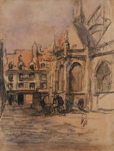 Rue Sainte Catherine és a régi árkádok, Dieppe, 1900 körül (szén és akvarell) alkotó: Walter Richard Sickert