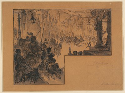 Illusztráció, amely a német hadsereg diadalmas visszatérését mutatja a német-francia háború után alkotó: Walter Shirlaw