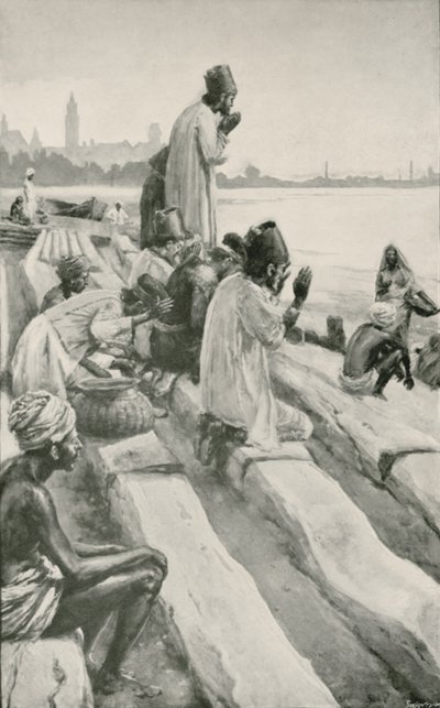 Parsis imádja a felkelő napot a tengerparton, Bombayben alkotó: Walter Stanley Paget