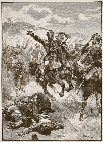 A fekete herceg a crecyi csatában, illusztráció a „Cassell illusztrált angliai történelméből” (szépia fotó) alkotó: Walter Stanley Paget