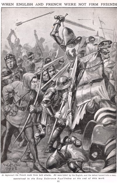 Amikor a franciák és az angolok harcoltak Agincourtnál, illusztráció: „Newnes Képes Tudáskönyv”, 1920 körül alkotó: Walter Stanley Paget