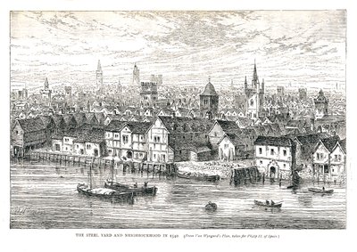 A Steel Yard Iron Wharf és környéke 1540-ben. A folyóparton, 1878 alkotó: Walter Thornbury