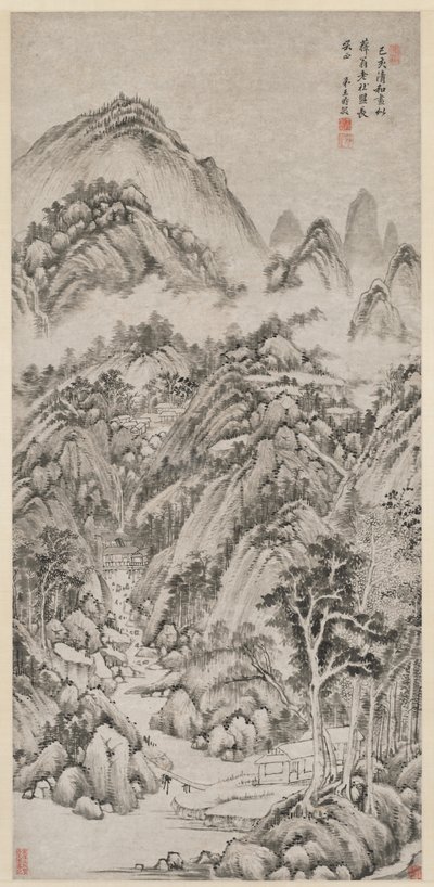 A nyár által ölelt hegyi falu, 1659. alkotó: Wang Shimin