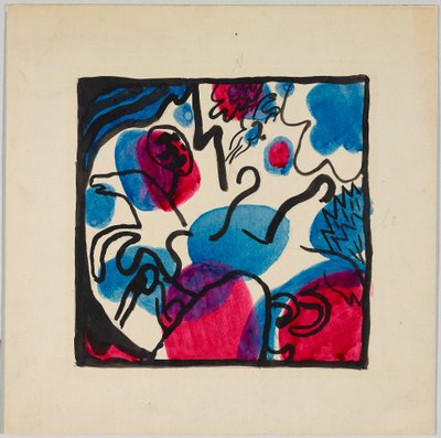 Tervezet a „Három lovas piros, kék és fekete színben” színes fametszethez alkotó: Wassily Kandinsky