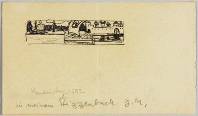 Folyói táj csónakkal és fallal körülvett várossal alkotó: Wassily Kandinsky