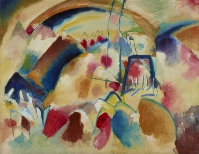 Táj templommal (táj piros foltokkal I). 1913 alkotó: Wassily Kandinsky