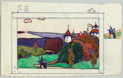 Tájkép középkori népviseletben lévő párral, hátoldalon: páncélos lovag részlete alkotó: Wassily Kandinsky