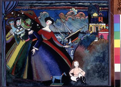 ""A hajó"" Fiatal nők a kikötőben, a távolban egy hajó süllyedni látszik. Wassily Kandinsky (vagy Wassily Kandinski vagy Kandinskij) festménye alkotó: Wassily Kandinsky