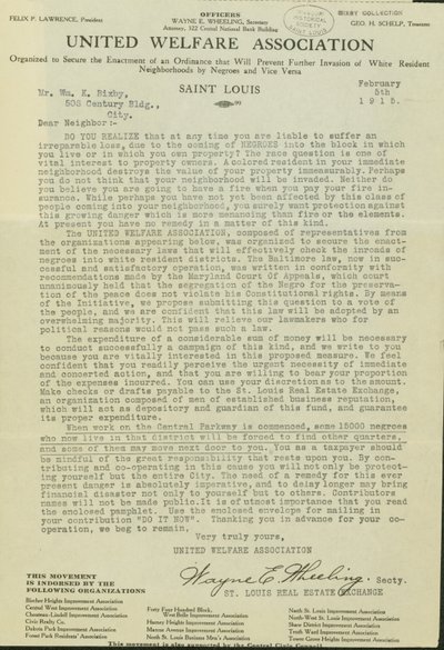 Wayne E. Wheeling, az Egyesült Jóléti Szövetség levele a kedves szomszédhoz, 1915. február 5 alkotó: Wayne E. Wheeling