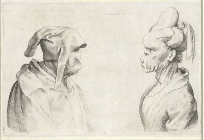 Egy hajlékony sapkás férfi és egy bekötött hajú nő deformált feje Varie figurae et probae (sorozat címe) Karikatúrák, fejek és deformitások Leonardo da Vinci után (sorozat címe) alkotó: Wenceslaus Hollar (attributed to)