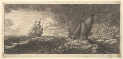 Egy jacht és három hadihajó viharban, 1665. alkotó: Wenceslaus Hollar