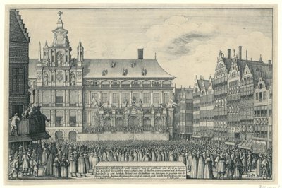 A munsteri béke kihirdetése Antwerpenben, 1648 Eygentlycke A den Peys kiadásának módját ábrázolja a syne Mayesteyt den Coninck van Spagnien és a Heeren Staten Generael van de Vereenich[de] Nederlanden között egy Heerlyc-en alkotó: Wenceslaus Hollar