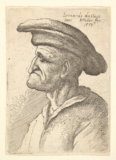 Idős férfi mellszobra alsó ajkához érő orral, széles lapos sapkát viselő profilban, t..., 1665. alkotó: Wenceslaus Hollar