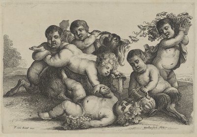 Három kisfiú, két szatír és egy bacchant egy kecske Putti és szatírok (sorozat címe) alkotó: Wenceslaus Hollar