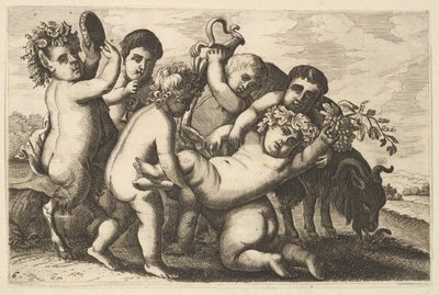 Öt fiú, két szatír és egy kecskemásolat, 17. század. alkotó: Wenceslaus Hollar