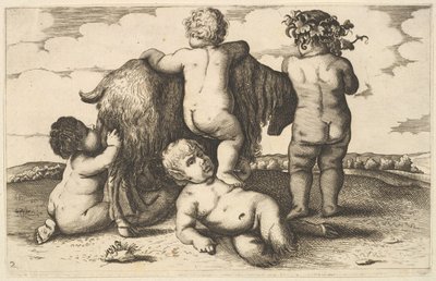 Négy fiú, egy fiatal szatír és egy kecske másolat, XVII. alkotó: Wenceslaus Hollar