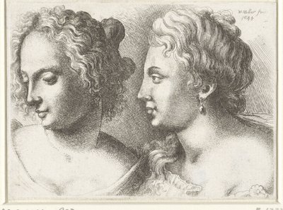 Két fiatal nő feje Varie figurae et probae (sorozat címe) Karikatúrák, fejek és deformitások Leonardo da Vinci után (sorozat címe) alkotó: Wenceslaus Hollar