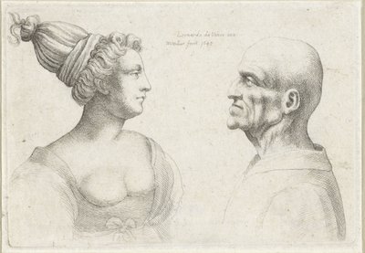 Egy kopasz férfi és egy turbános nő feje Varie figurae et probae (sorozat címe) Karikatúrák, fejek és deformitások Leonardo da Vinci után (sorozat címe) alkotó: Wenceslaus Hollar