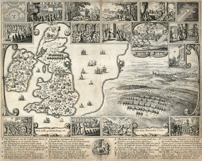 A Brit-szigetek térképe és a 17. századi történelmi események illusztrációi, 1659 alkotó: Wenceslaus Hollar