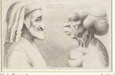 Egy kalapos férfi (Dante?) és egy nő deformált karikatúrafejei Varie figurae et probae (sorozat címe) Karikatúrák, fejek és deformitások Leonardo da Vinci után (sorozat címe) alkotó: Wenceslaus Hollar
