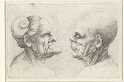 Egy kopasz férfi és nő deformált feje szarvakkal a fejükön Varie figurae et probae (sorozat címe) Karikatúrák, fejek és deformitások Leonardo da Vinci után (sorozat címe) alkotó: Wenceslaus Hollar