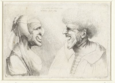 Egy nevető férfi és nő deformált feje csuklyával Varie figurae et probae (sorozat címe) Karikatúrák, fejek és deformitások Leonardo da Vinci után (sorozat címe) alkotó: Wenceslaus Hollar