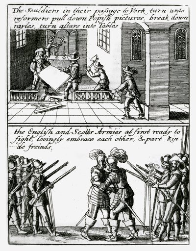A katonák elpusztítják a vallási képeket egy templomban; Angol és skót katonák ölelkeznek alkotó: Wenceslaus Hollar