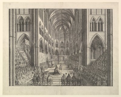 II. Károly király koronázása a Westminster-apátságban, 1661. április 23. (John Ogilby "The Entertainment of...Charles II" című művéből, London, 1662) alkotó: Wenceslaus Hollar