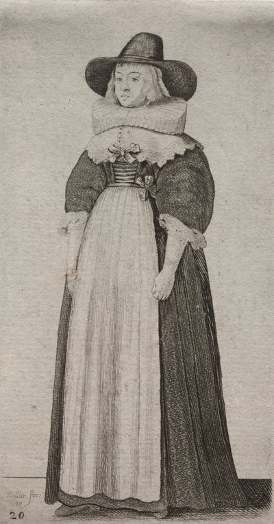 Az angol nők számos szokása, a nemességtől a vidéki nőkig, ahogyan ezekben az időkben vannak: A férfi kalapos és szalagos míder nő alkotó: Wenceslaus Hollar