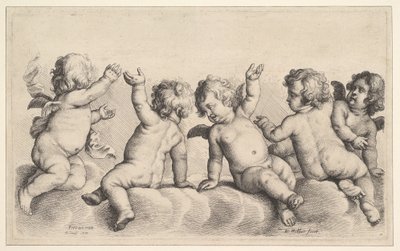 Három kerub és két fiú a felhőkön, 1620-77. alkotó: Wenceslaus Hollar