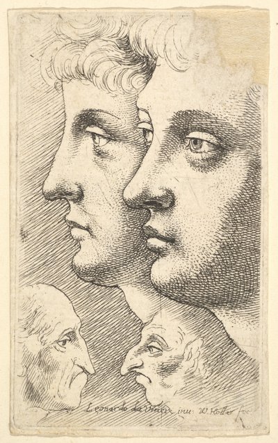 Két fiatal profilban balra, lent két groteszk fejjel egymással szemben, 1625-77. alkotó: Wenceslaus Hollar