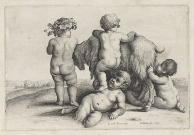 Négy fiú, egy szatír és egy kecske Putti és szatírok (sorozat címe) alkotó: Wenceslaus Hollar