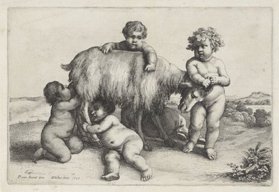Négy fiú, egy szatír és egy kecske áll a jobb oldalon Putti és szatírok (sorozat címe) alkotó: Wenceslaus Hollar