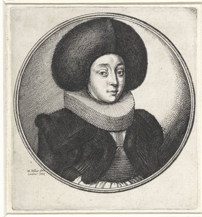 Nő fodros gallérral és nagy prémes sapkával Érmek női mellszoborral (sorozat címe) alkotó: Wenceslaus Hollar