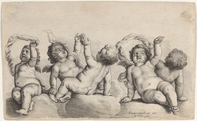 Három kerub és két fiú, akik egy karját emelik a felhőkön alkotó: Wenceslaus Hollar, after Peeter van Avont