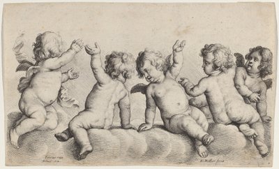 Három kerub és két fiú a felhőkön alkotó: Wenceslaus Hollar, after Peeter van Avont