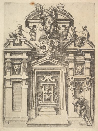 Tervezés egy vadászati témájú építészeti szerkezethez, Dietterlin Ar... 74. táblája, 1598. alkotó: Wendel Dietterlin the Elder