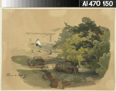 Landschaft mit Schindelkorb und sitzender Frau alkotó: Werner Holmberg