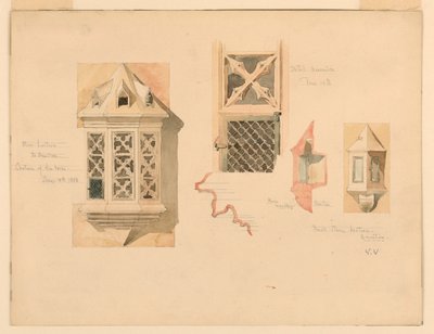 Rajz, két kőlámpás renderelése, az amboise-i kastélyból, Franciaország, 1888. június 14-15. alkotó: Whitney Warren Jr.