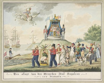 Napóleon száműzetése Elbára, 1814 Den aftogt van den Menschen hóhér, Napóleon Franciaországból (cím a tárgyon) alkotó: Wijnand Esser (attributed to)