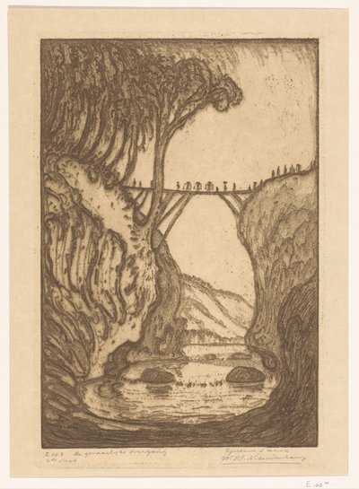 Fából készült híd egy folyami szurdok felett Balin A veszélyes átmenet (eredeti cím) alkotó: Wijnand Otto Jan Nieuwenkamp (signed by artist)