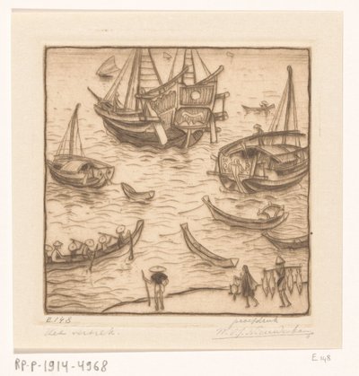Hajók egy öbölben Lombok keleti partján Az indulás, Lombok (eredeti cím) alkotó: Wijnand Otto Jan Nieuwenkamp (signed by artist)