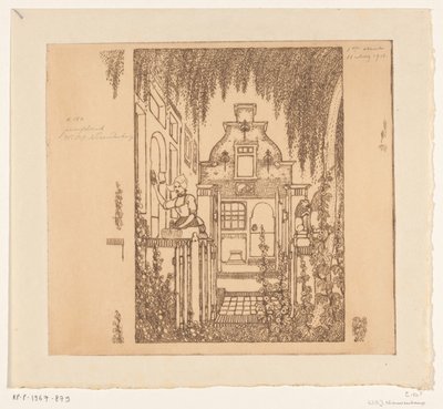 Nő népviseletben kopogtat egy bejárati ajtón Edamban A bejárati ajtónál (eredeti cím) alkotó: Wijnand Otto Jan Nieuwenkamp (signed by artist)