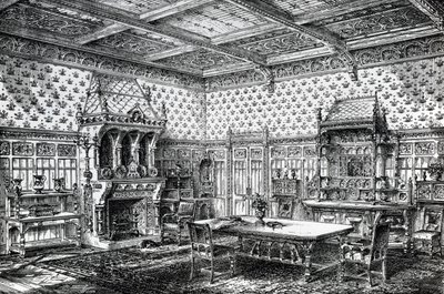 Tervezés egy gótikus étkezőhöz, megjelent a The House-Furnisher & Decoratorban, 1872. szeptember 1. alkotó: Wilberforce Haddon