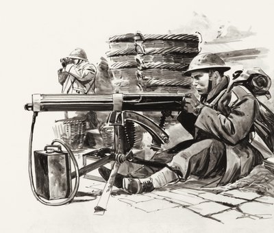 Brit géppuskás várakozik a németekre Dunkerque előtt (gouache, papír) alkotó: Wilf (20th century) Hardy