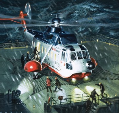 Az olajmezők veszélyes emberei. a British Airways S-61N helikoptere. alkotó: Wilf (20th century) Hardy