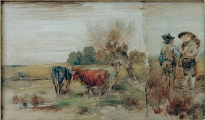 Dupla kép: tehenek a legelőn, két gazda beszélget alkotó: Wilhelm Busch