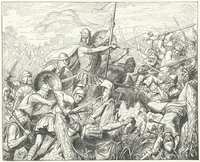 Karintiai Arnulf megrohamozza a normann védelmet a Dyle folyón, 891 (metszet) alkotó: Wilhelm Camphausen